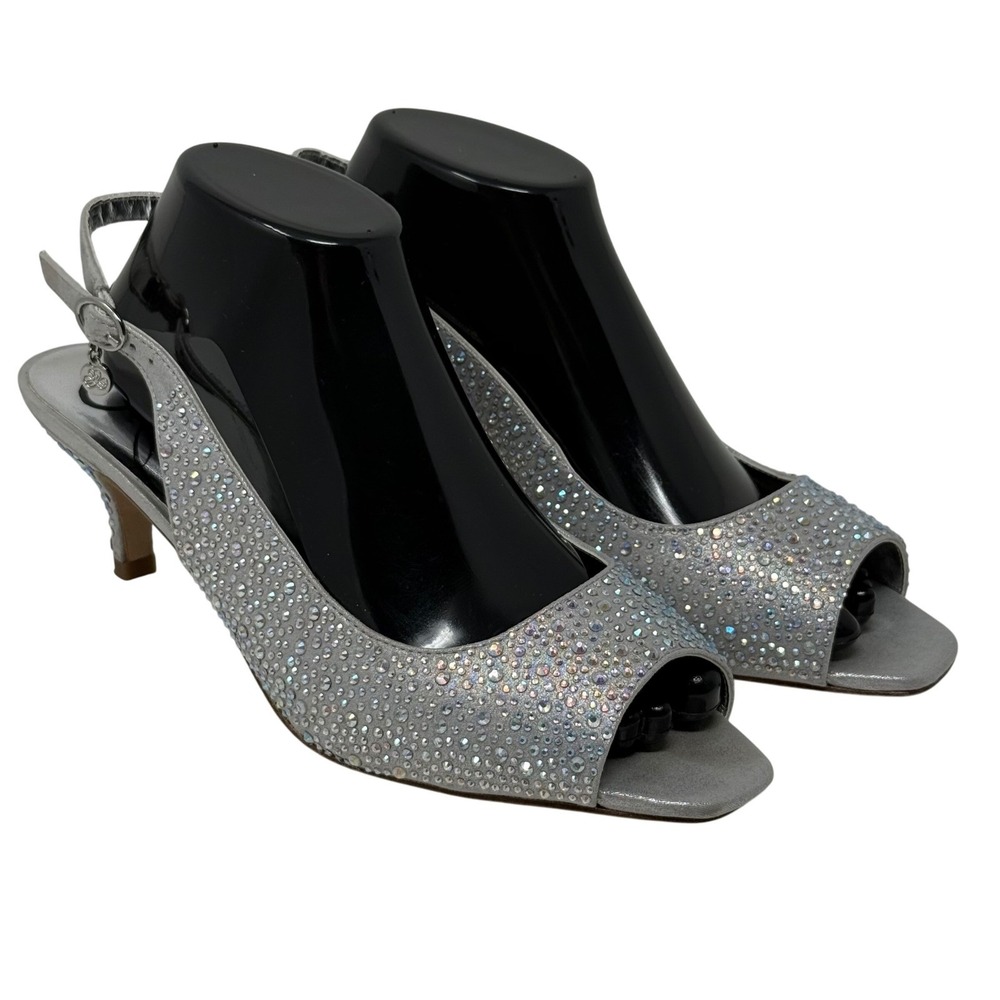 J. Renee Impuls Silver Rhinestone Peep Toe Slingback Heels Women's 9.5W Formal